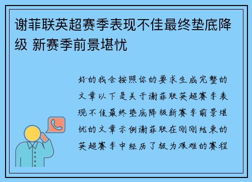 谢菲联英超赛季表现不佳最终垫底降级 新赛季前景堪忧 谢菲联英超赛季表现不佳最终垫底降级 新赛季前景堪忧