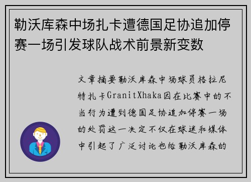 勒沃库森中场扎卡遭德国足协追加停赛一场引发球队战术前景新变数
